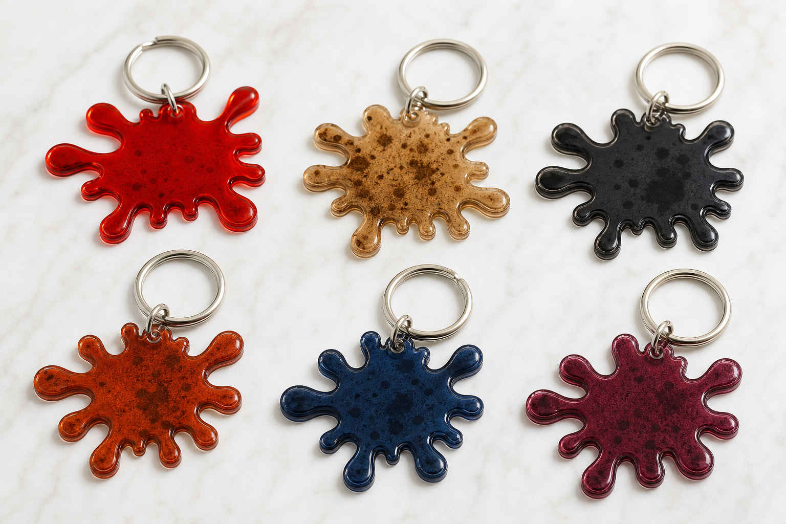 A studio product photo of colorful stain-shaped novelty keyrings on a tabletop.